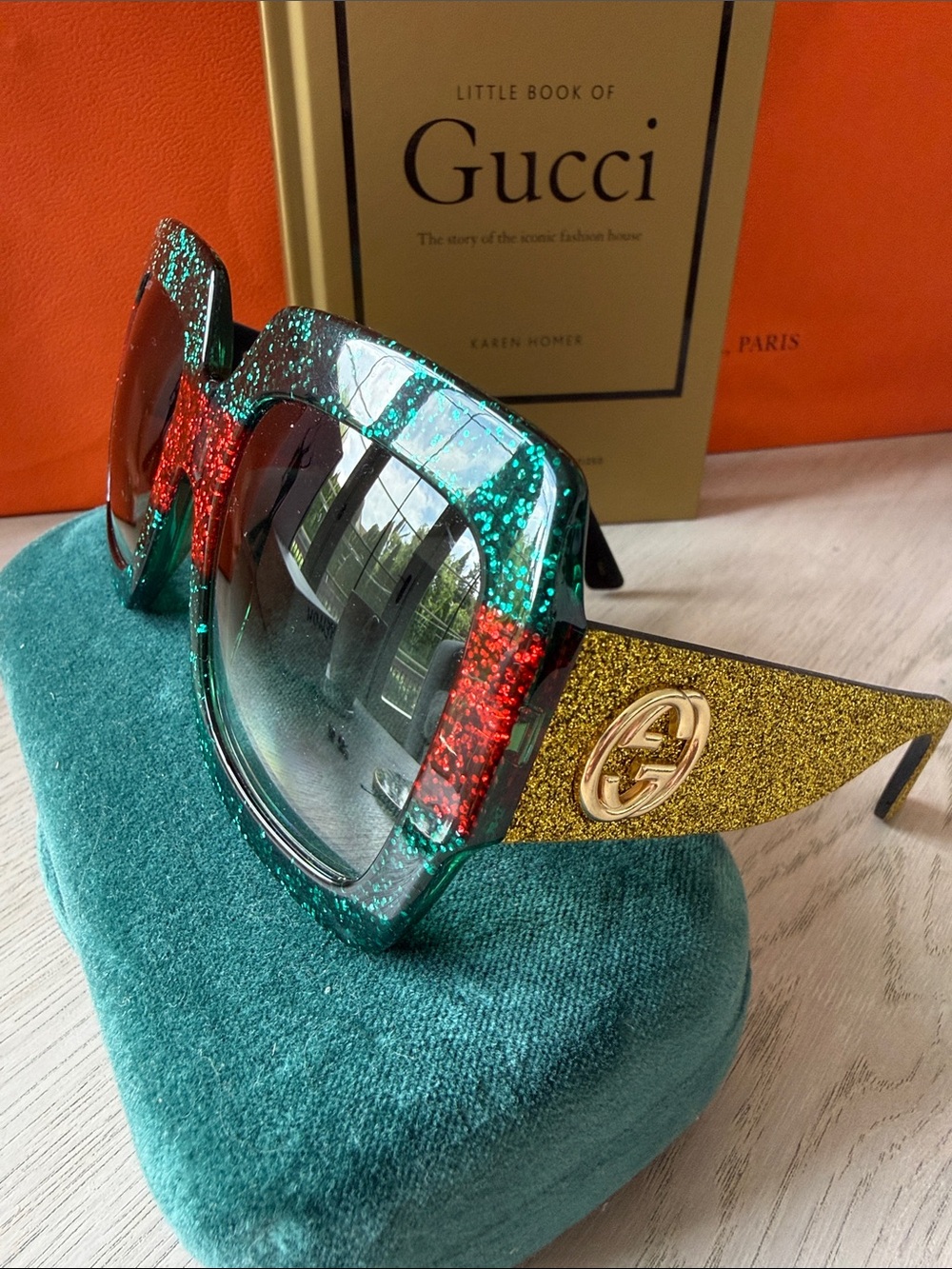 Gucci Glitter Oversized Sunglasses Green Red Gold GG Logo Runway Rare Full Set